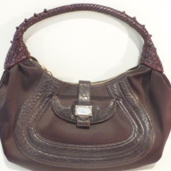 FENDI Brown Satin Leather Nappa Spy Handbag Hobo - Picture 2 of 9